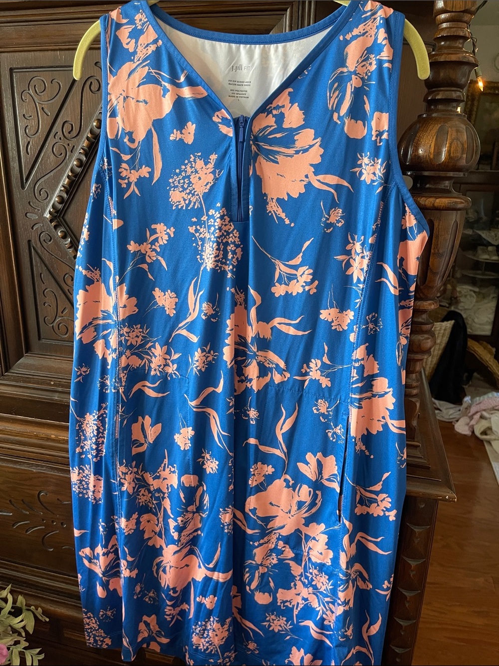J. Jill Fit Blue Scoop-Neck Dress with Peach Floral Print